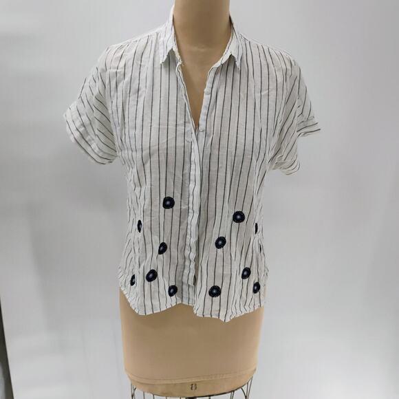 Sz S Madewell Striped Embroidered Button Up Blouse Top Short Sleeve white - Picture 4 of 16